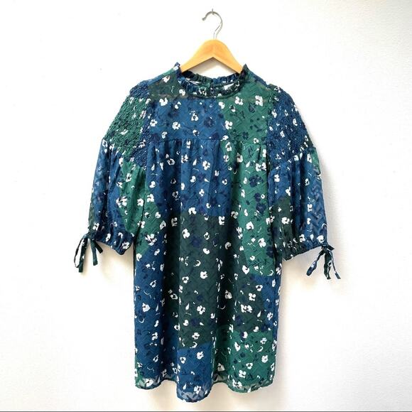 Susina Floral Mock Neck Half Sleeve Textured Shift Dress Blue Women's Small $98 - Picture 2 of 9